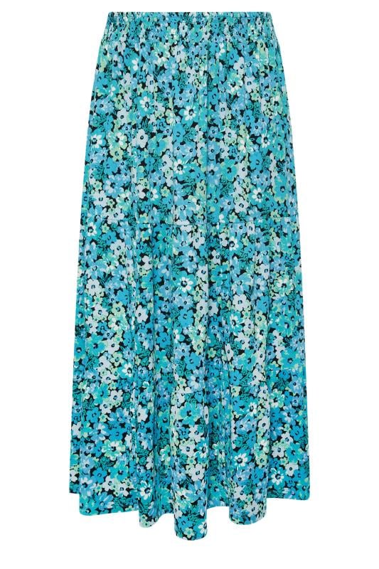 YOURS Plus Size Blue Floral Print Textured Tiered Maxi Skirt | Yours Clothing 4
