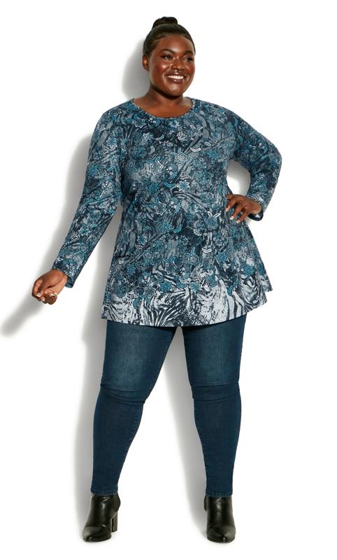 Plus Size  Avenue Blue Paisley Abstract Print Long Sleeve Top