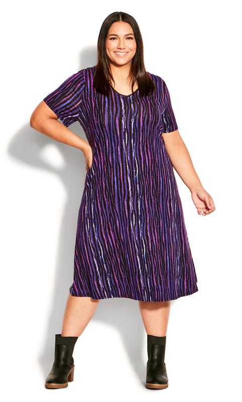 Plus Size  Avenue Purple V-Neck Stripe Print Swing Dress (wrong images)