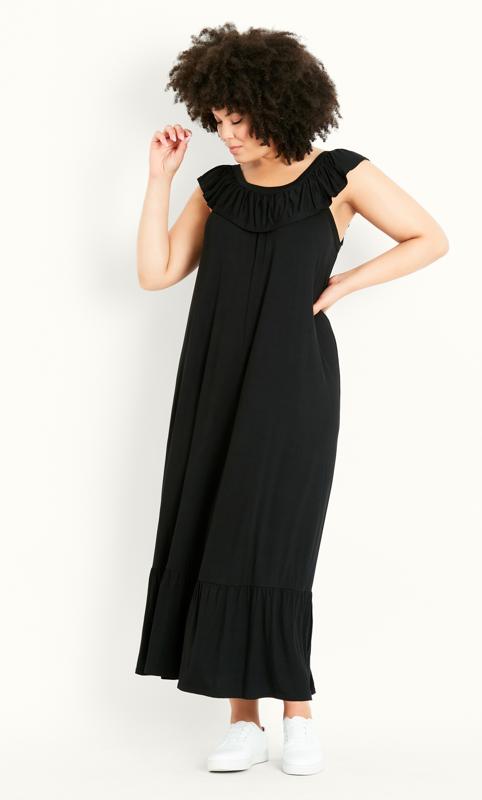 Frill Shoulder Black Maxi Plain Dress 1