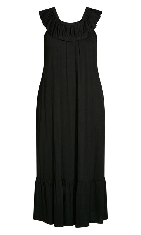 Frill Shoulder Black Maxi Plain Dress 4