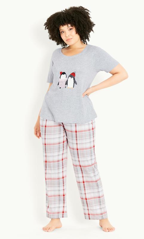 Plus Size  Evans Grey Penguin & Check Print Pyjama Set