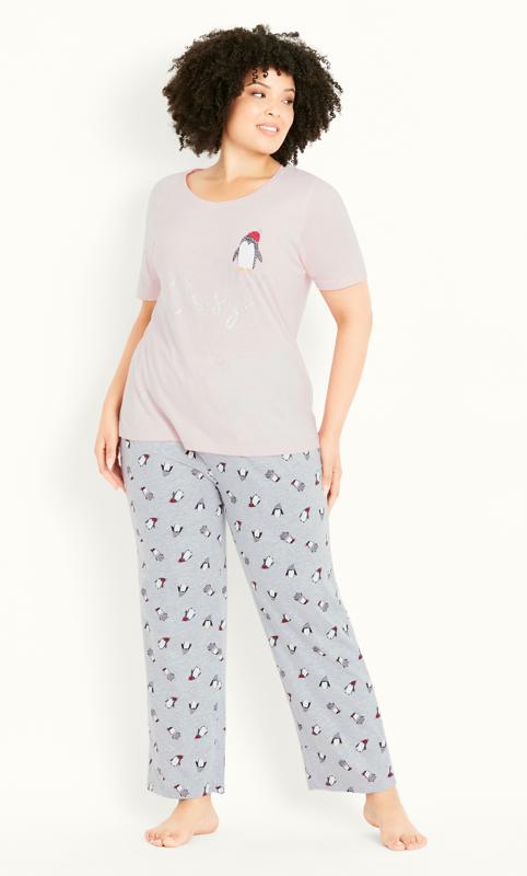 Plus Size  Evans Pink Penguin Print Pyjama Set