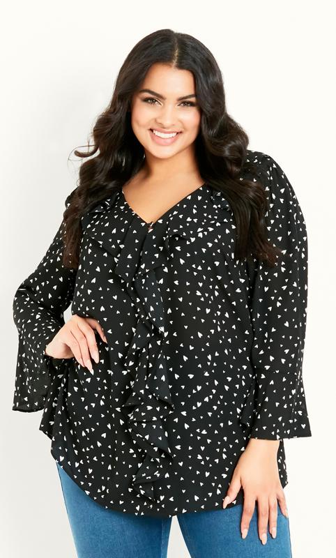 Frill Front Print Black Top 2