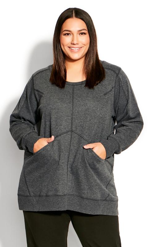Stormy Round Neck Charcoal Gray Plain Sweat Top  1