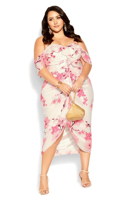 Plus Size  City Chic Cream & Pink Floral Ruched Dress
