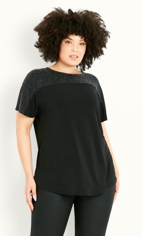 Plus Size  Evans Black Glitter Detail T-Shirt