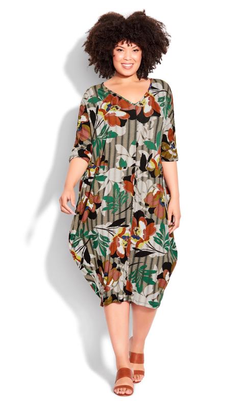 Plus Size  Avenue Brown Stripe & Floral Mixed Print Midi Dress