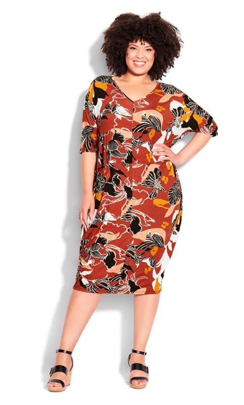 Plus Size  Avenue Orange Floral Print Midi Dress