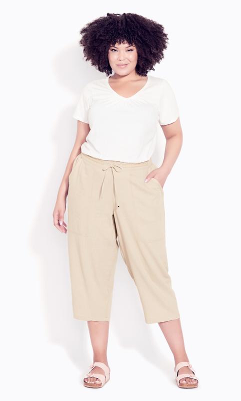Plus Size  Evans Beige Brown Elasticated Waist Cropped Trousers