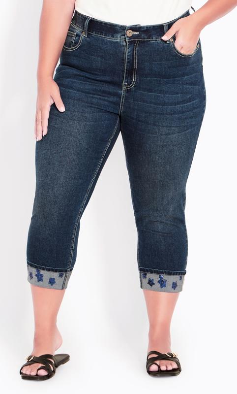 Avenue Denim Capri Jeans Womens Size 18 Blue Cotton Blend Cuffed Button  Pockets