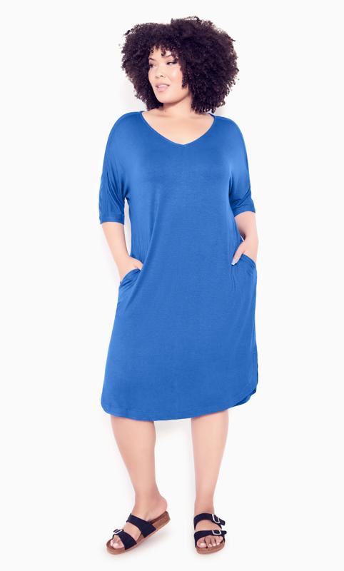 Knit Pocket Blue Plain Dress 1