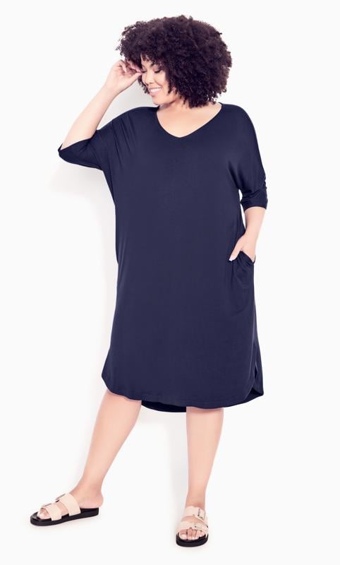 Evans Navy Knit Pocket Plain Dress 1