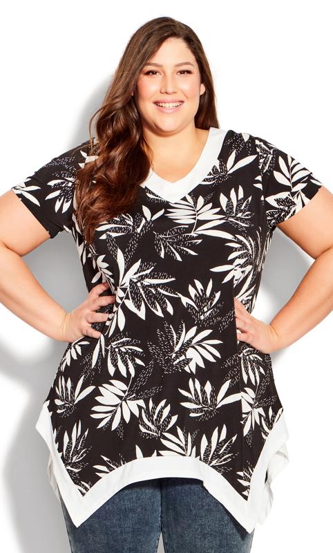 Evans Black Leaf Print Hanky Hem Top 1