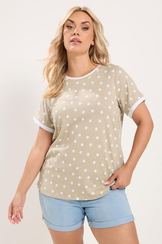  YOURS Curve Mocha Brown Spot Contrast Sleeve T-Shirt