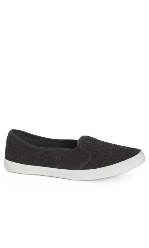 Plus Size  Avenue Black Broderie Anglaise Slip On Trainers