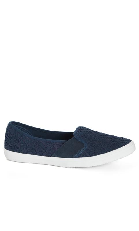 Plus Size  Avenue WIDE FIT Navy Blue Broderie Anglaise Slip On Trainers