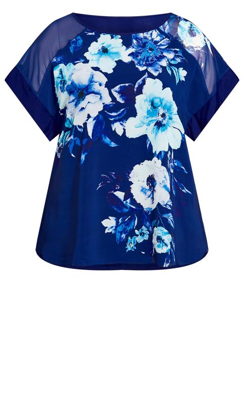 Evans Cobalt Blue Floral Sheer Shoulder T-Shirt 5