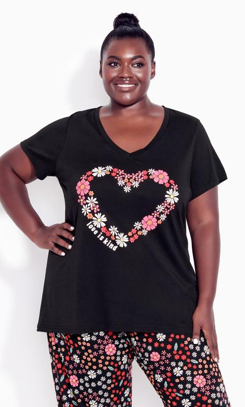 Avenue Black Floral Heart Print Pyjama Top | Evans 1