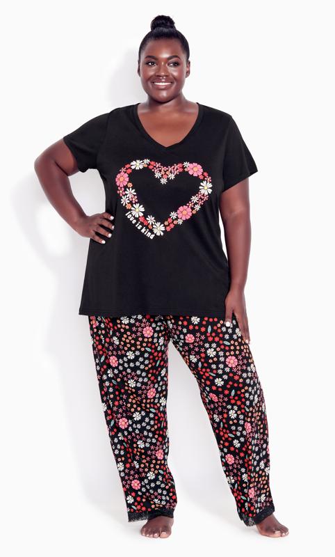 Avenue Black Floral Heart Print Pyjama Top | Evans 2