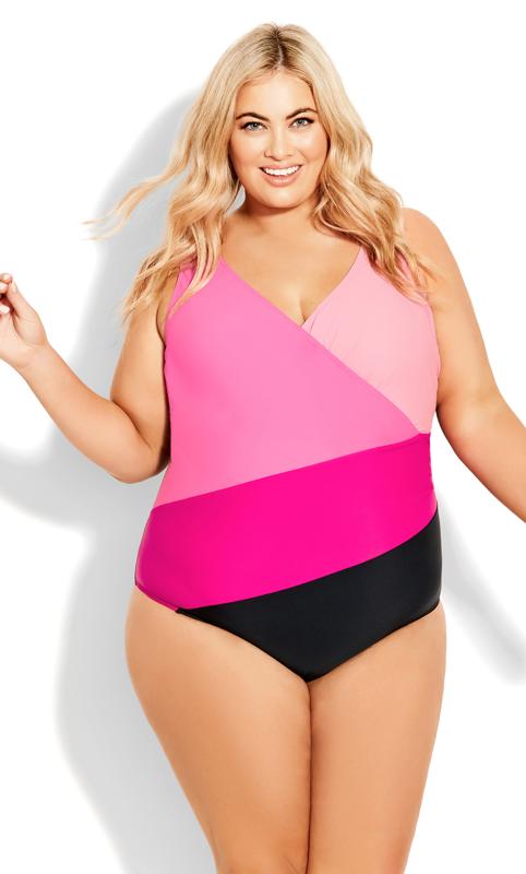 Plus Size  Avenue Pink Colourblock Swimsuit