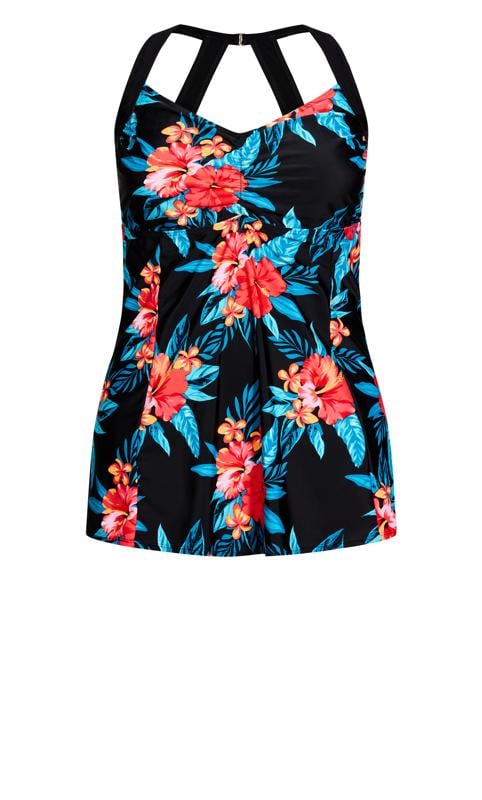 Evans Black Tropical Print Halter Back Swim Dress | Evans 5