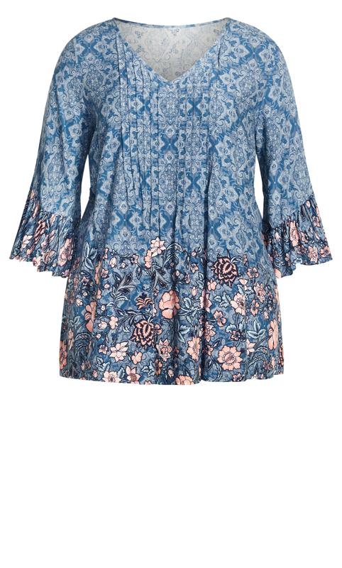 Evans Blue Paisley Floral Border Print Hanky Hem Top 5