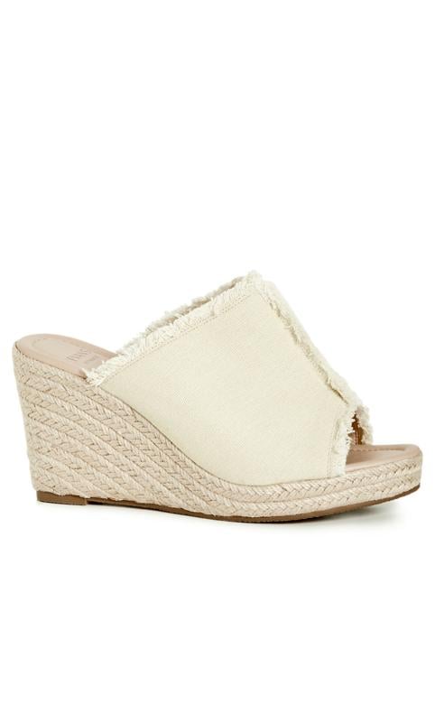 Plus Size  Evans Beige WIDE FIT Frayed Woven Wedge Mules