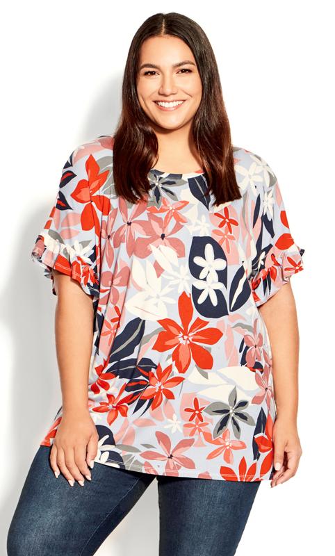 Avenue Grey & Red Floral Frill Top 1