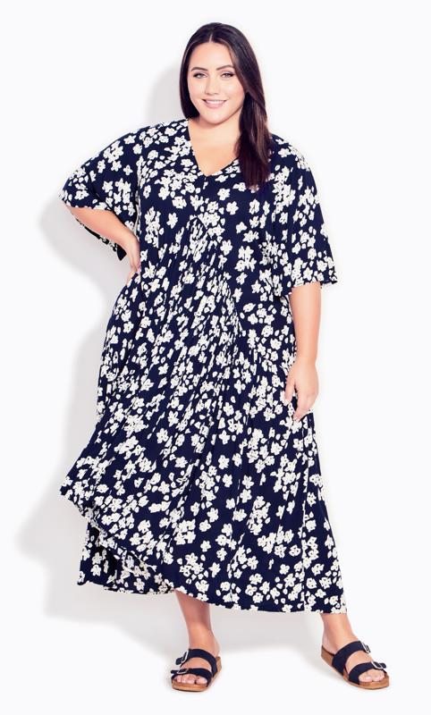 Plus Size  Evans Navy & White Floral Print Midi Dress