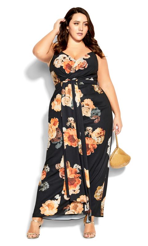 Plus Size  Evans Black Floral Print Drape Front Maxi Dress