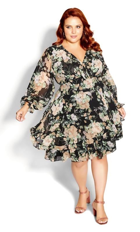 Plus Size  City Chic Black Floral Print Frill Hem Dress