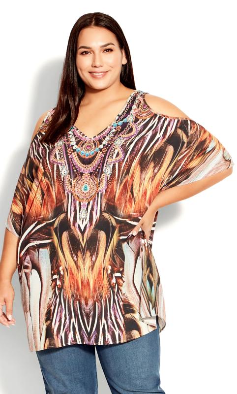 Evans Brown Feather Print Cold Shoulder Top 1