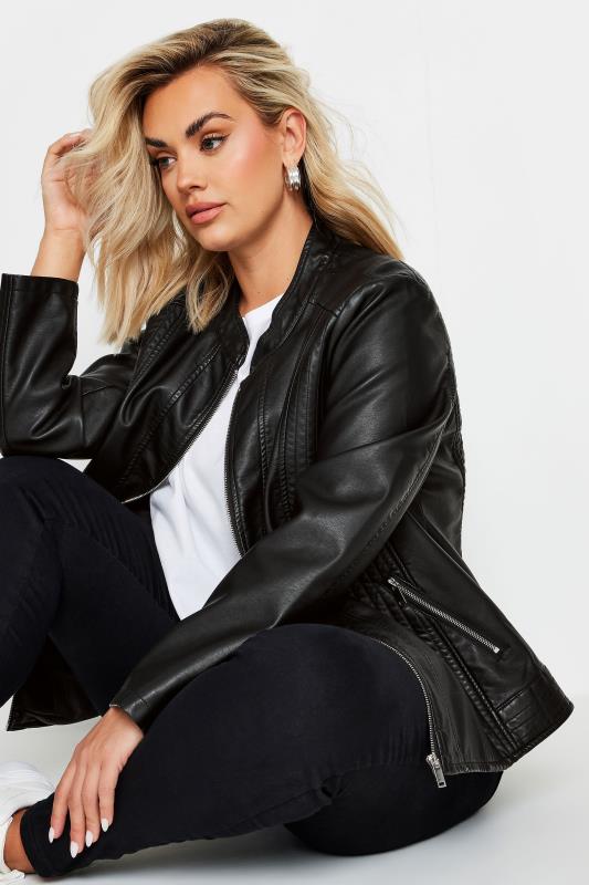 YOURS Plus Size Black Collarless Faux Leather Jacket | Yours Clothing  2