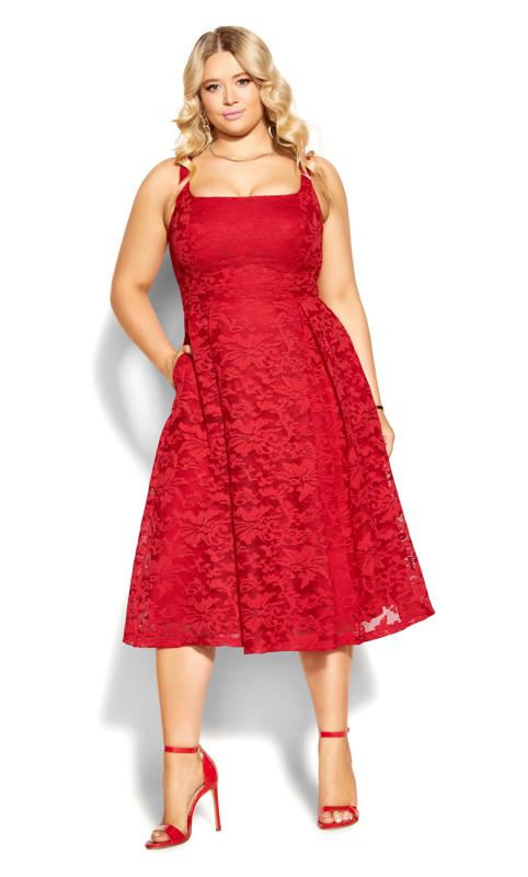 Plus Size  City Chic Red Lace Pocket Midi Dress