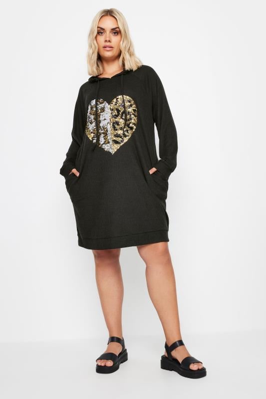 YOURS Plus Size Black Sequin Embellished Heart Hoodie Dress | Yours Clothing  1