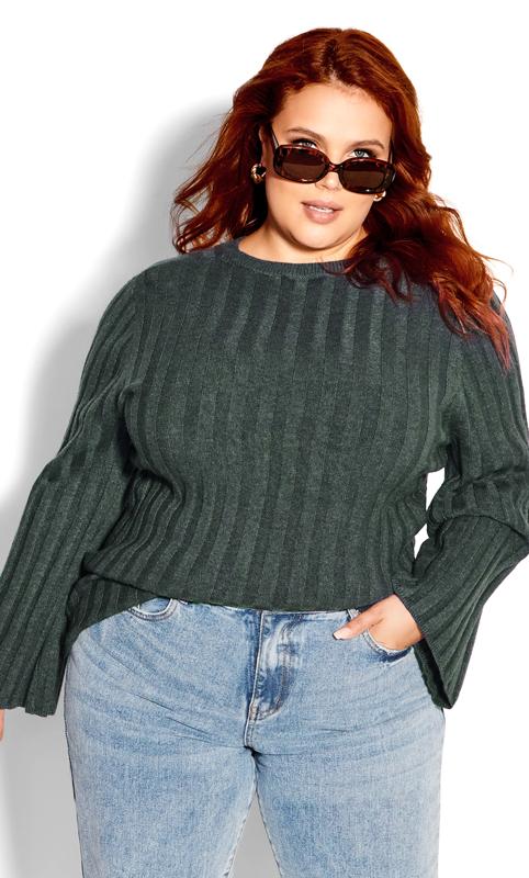 Evans Teal Green Ribbed Knit Bell Sleeve Jumper 2