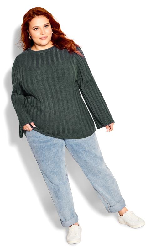 Plus Size  City Chic Teal Green Ribbed Knit Bell Sleeve Jumper