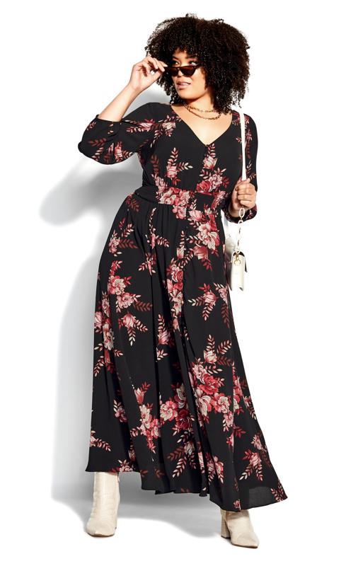 Evans Black Floral Print Shirred Waist Maxi Dress 1