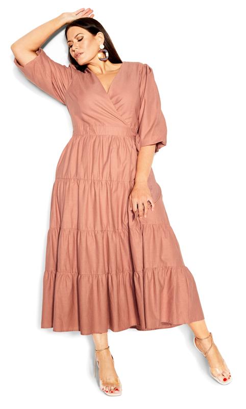 Plus Size  City Chic Pink Wrap Front Tiered Midaxi Dress