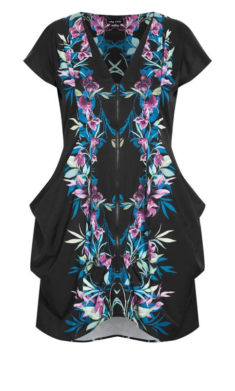 Evans Black Floral Print Zip Front Dress 5