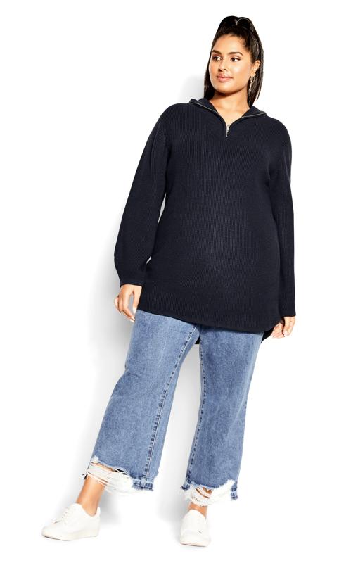 Plus Size  City Chic Navy Blue Zip Neck Hooded Jumper