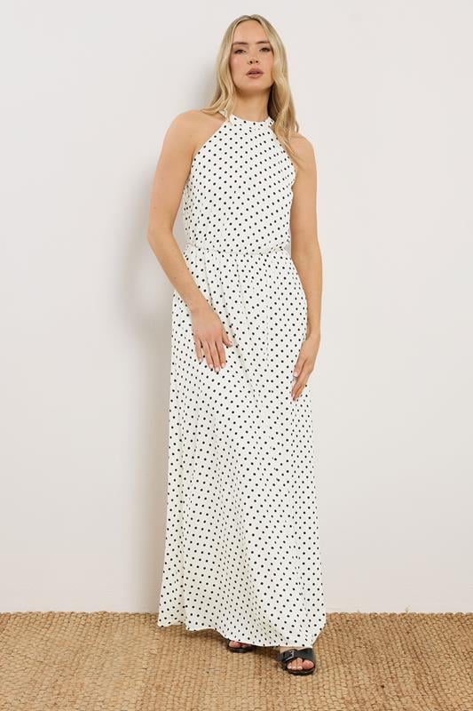  LTS Tall White Satin Polka Dot Halter Neck Dress