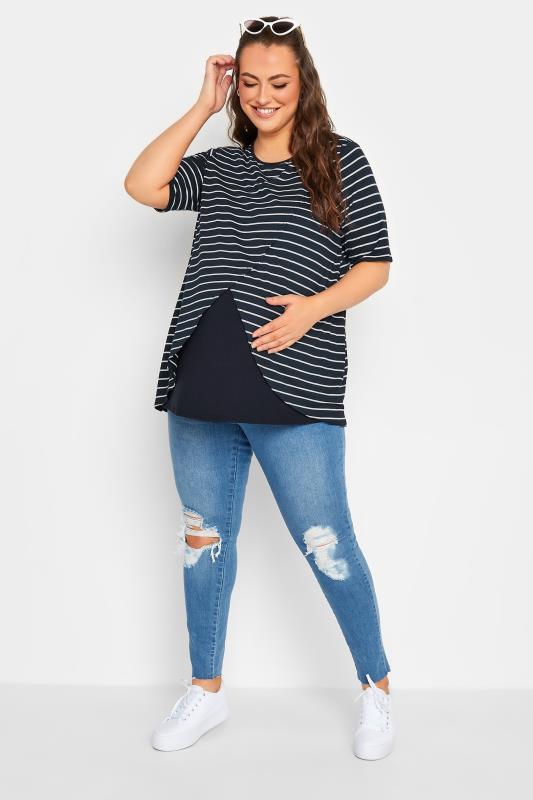 BUMP IT UP MATERNITY Curve Plus Size Navy Blue Stripe Nursing Top | YOURS CLOTHING  2