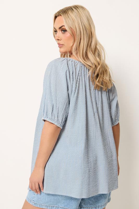 YOURS Plus Size Blue Stripe Print Puff Sleeve Blouse | Yours Clothing 2