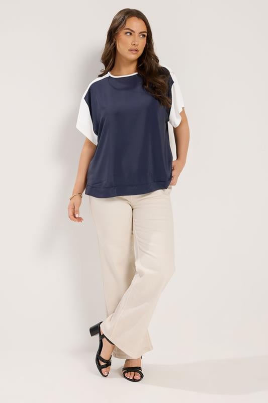 YOURS Plus Size Blue & White Contrast Sleeve Top | Yours Clothing 1
