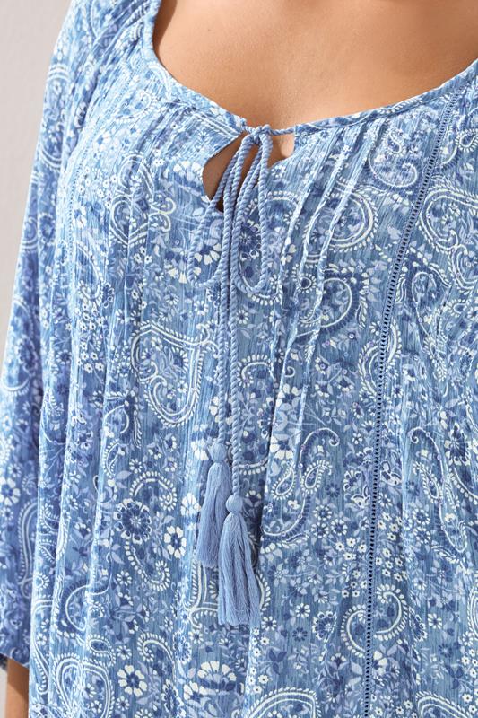 YOURS Plus Size Blue Paisley Print Sequin Tie Neck Top | Yours Clothing 4