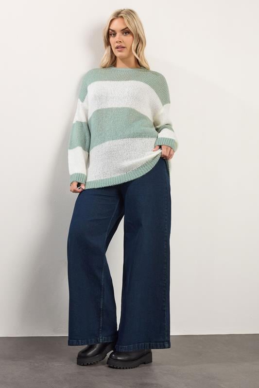 YOURS Plus Size Green & White Striped Knitted Soft Touch Jumper | Yours Clothing 1