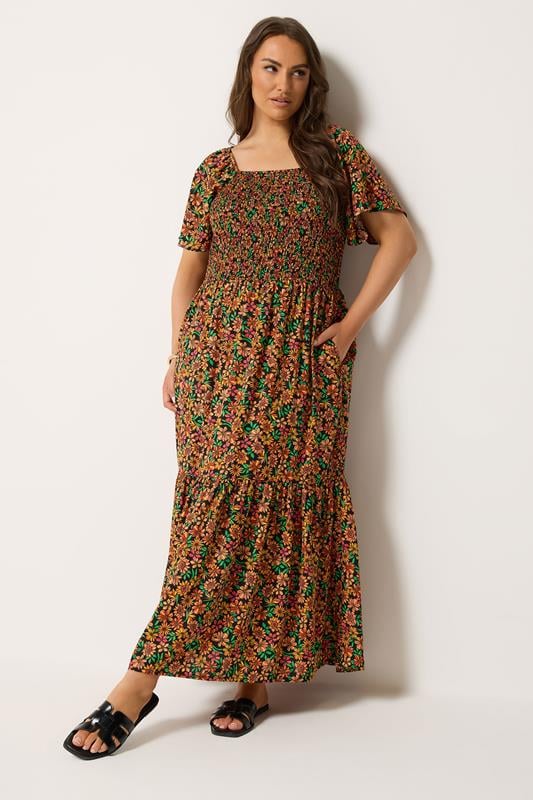 YOURS Plus Size Black Shirred Floral Maxi Dress | Yours Clothing 1