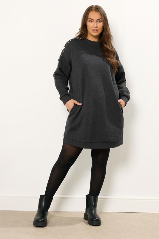  YOURS Curve Grey Stud Detail Sweatshirt Dress